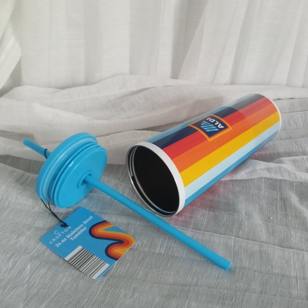 ALDI Super Fan Stainless Tumbler NEW Rainbow Striped 2023 To Go Mug 24oz NWT - Picture 2 of 5